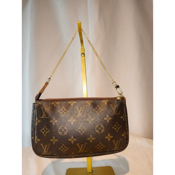 Louis Vuitton Pochette Accessoires Monogram Canvas Shoulder Bag LV Gold Strap - Picture 1 of 14